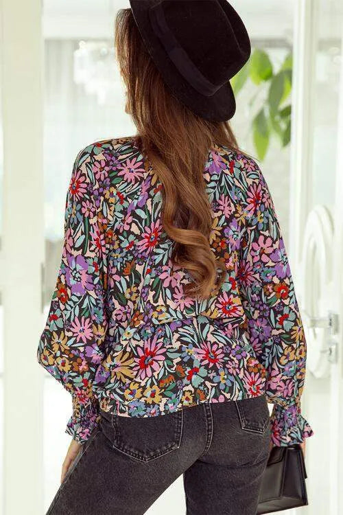 Floral Tie Neck Flounce Sleeve Blouse Blouses - Tophatter Daily Deals